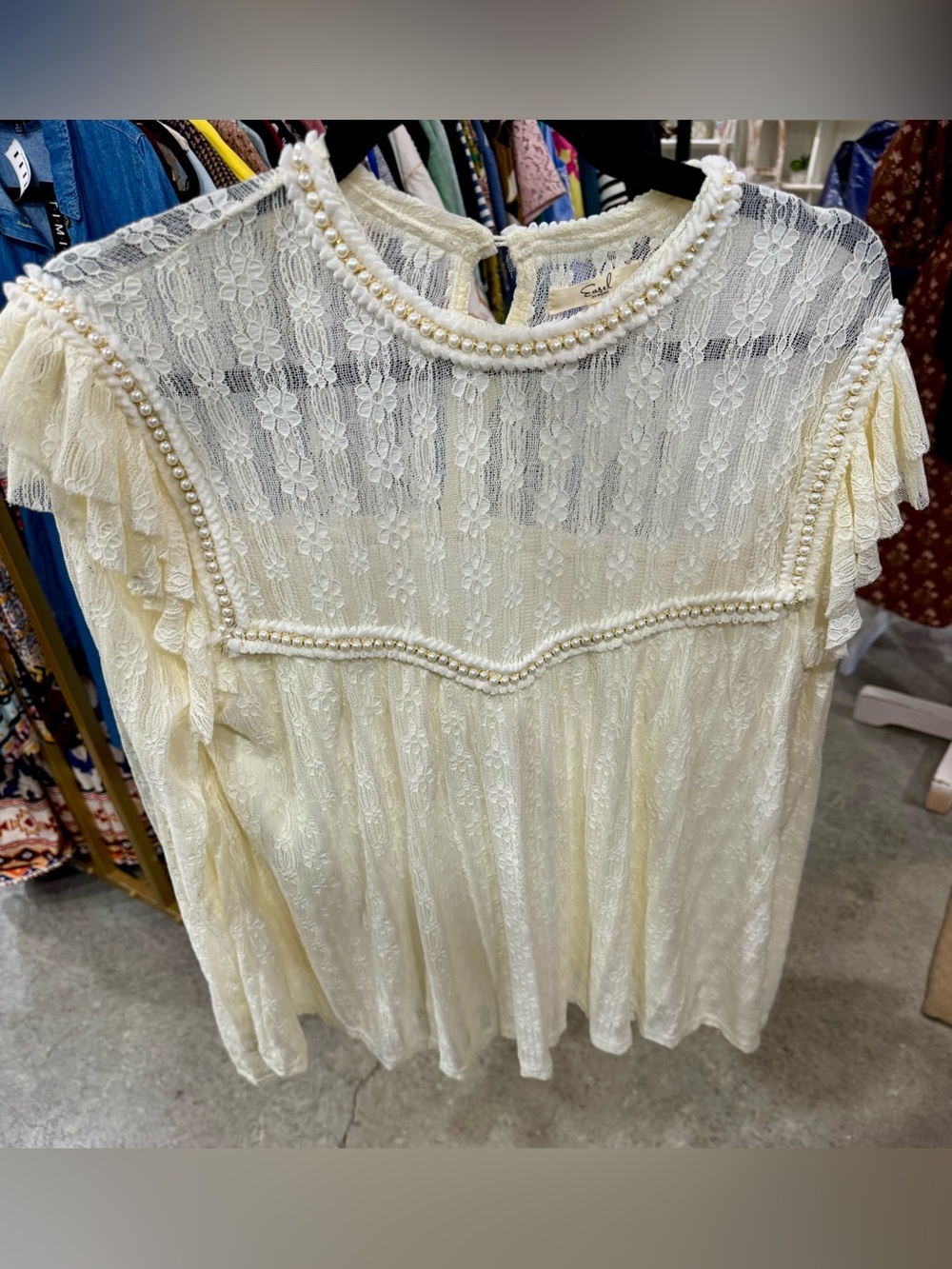 easel Ivory Lace Pearl-Trim Peasant Blouse
